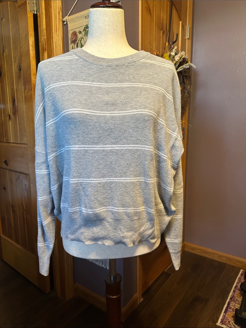 Women’s Light Gray Striped Crewneck Sweater